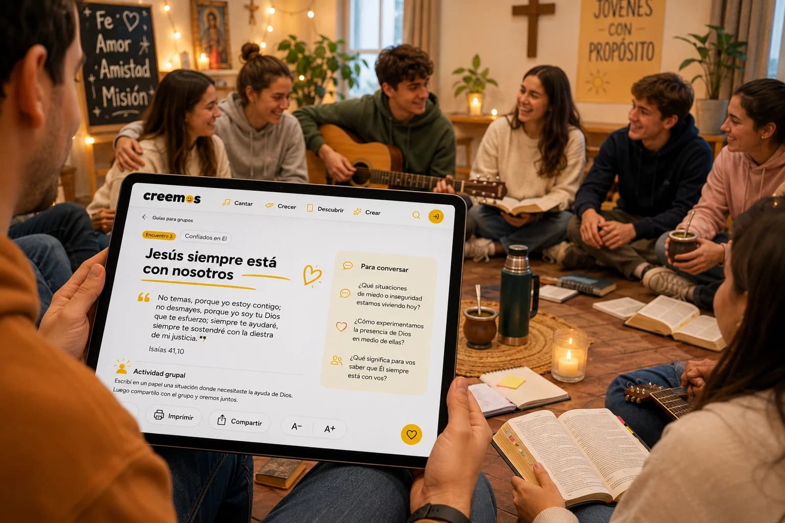 Grupo de jóvenes con guía de Creemos en tablet, en un encuentro formativo